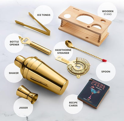 Modern Mixology Cocktail Shaker Set - 8 Piece Bartender Kit on Quality Pine Stand | Complete Cocktail Kit Gift Set | Top Bartender Gifts for Men | Leak Proof Design (Gold)