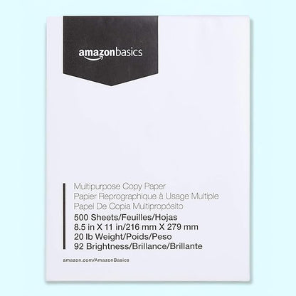 Amazon Basics Multipurpose Copy Printer Paper, 8.5 x 11 Inches, 20 lb, 1 Ream, (500 Sheets), 92 Bright, White