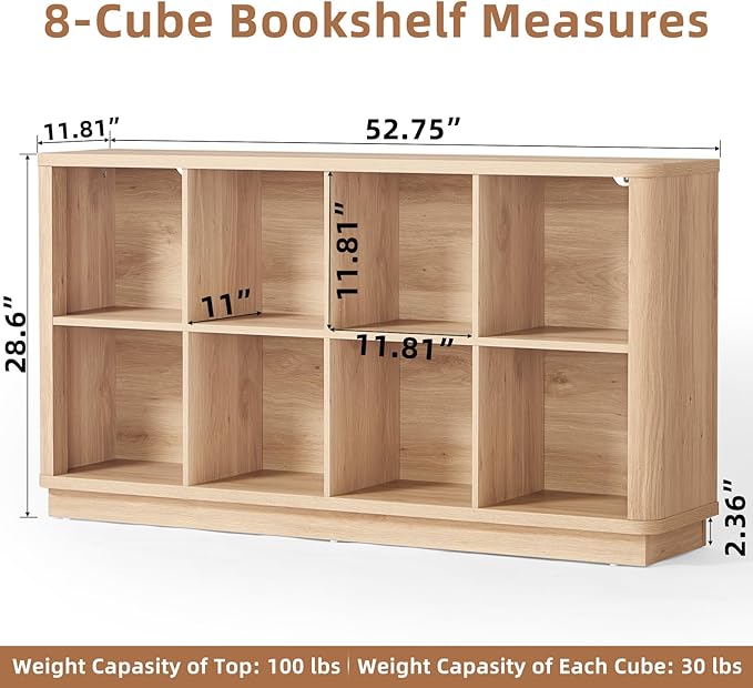 8 Cube Storage Book Shelf, 52" Long Horizontal Bookshelf with Curved Edge, Floor Standing Wooden Cubby Bookcase with Base, Modern Low Console Book Case, TV Stand for Living Room, Natural Oak