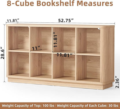8 Cube Storage Book Shelf, 52" Long Horizontal Bookshelf with Curved Edge, Floor Standing Wooden Cubby Bookcase with Base, Modern Low Console Book Case, TV Stand for Living Room, Natural Oak