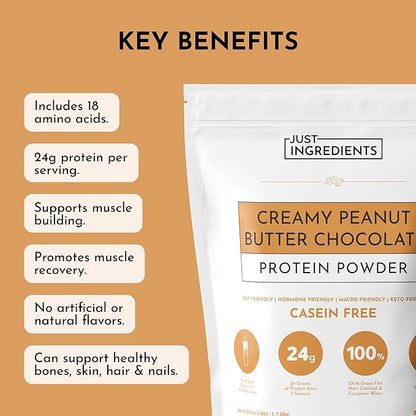 JUST INGREDIENTS Creamy Peanut Butter Chocolate Protein Powder – 30-ServingBlend with Grass-Fed Whey, Pea, Pumpkin Seed, Chia & Collagen – No Sugar Added – No Gums 24g Protein