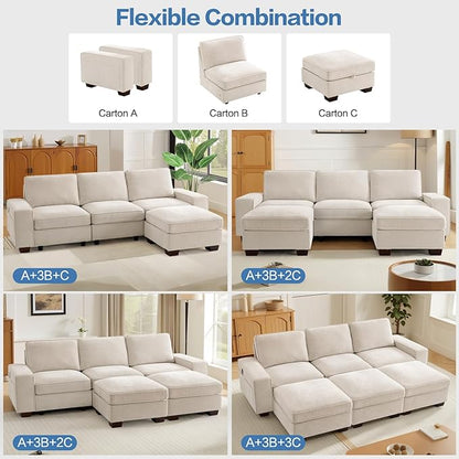 TEKAMON 100" Modular Sectional Sofa with Seats Storage, L Shaped Couch with Movable Ottoman, Chenille Fabric Couch for Living Room, Office, Apart W/Deep Seat, USB Charging,Removable Cover(Beige)