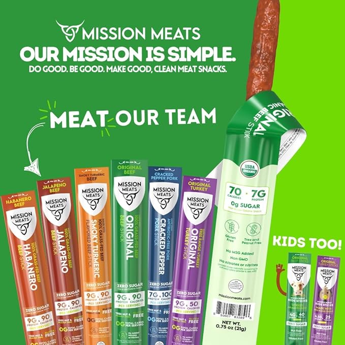 Mission Meats Variety Pack with Certified Organic Beef, Grass Fed, Free Range Turkey, and Cracked Pepper Pork – Gluten & Sugar Free, Whole 30 & Paleo Friendly, Delicious and Family Friendly (24 Count)