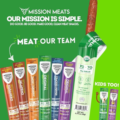 Mission Meats Variety Pack with Certified Organic Beef, Grass Fed, Free Range Turkey, and Cracked Pepper Pork – Gluten & Sugar Free, Whole 30 & Paleo Friendly, Delicious and Family Friendly (24 Count)