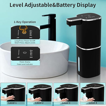 Automatic Soap Dispenser Touchless, Wall Mounted Smart Soap Dispenser, USB Rechargeable, 4 Adjustable Levels, 14.2oz / 420ml Large Capacity, for Bathroom, Kitchen, School (Black, Liquid)