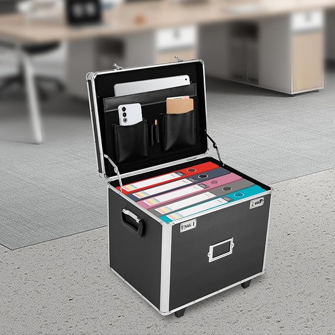 Portable Locking File Storage Box, Aluminum Alloy File Lock Box with Telescopic Handle, Mobile Busniness Case, File Cabinet for Office Home,Offices, Hospitals, Banks, 19.2x 15x 16 inches, Black