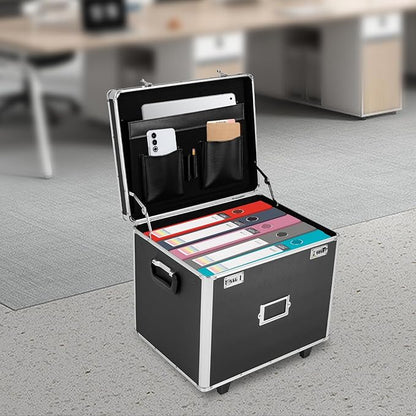 Portable Locking File Storage Box, Aluminum Alloy File Lock Box with Telescopic Handle, Mobile Busniness Case, File Cabinet for Office Home,Offices, Hospitals, Banks, 19.2x 15x 16 inches, Black