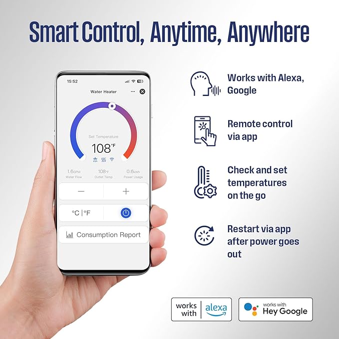 Westinghouse 24kW 240V Tankless Water Heater Electric, Instant Hot Water Heater, On Demand Hot Water, Smart WiFi Control, Works with Alexa & Google Home, ETL Certified, IPX4, Gray (APOLO-2.0)