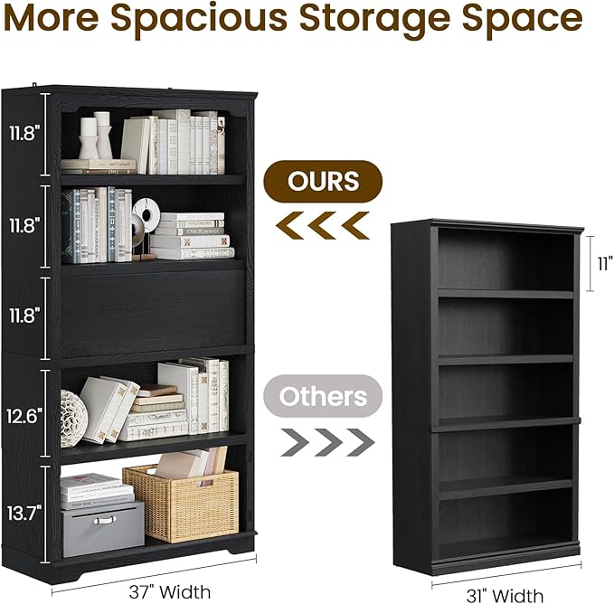HIFYOBRO 71 inch Tall Bookcase, 5-Tier Open Display Storage Shelf, with Flip-Down Door on 3rd Book Shelf, 37 inch Wide Freestanding Bookshelves for Home, Office, Library (Black)