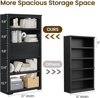 HIFYOBRO 71 inch Tall Bookcase, 5-Tier Open Display Storage Shelf, with Flip-Down Door on 3rd Book Shelf, 37 inch Wide Freestanding Bookshelves for Home, Office, Library (Black)
