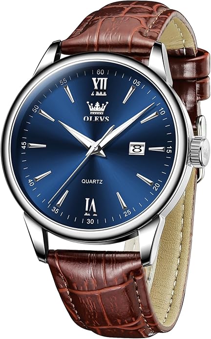 OLEVS Mens Watches, Dress Waterproof Classic Analog Casual Luxury Wrist Watch for Men with Date, Easy to Read Relojes para Hombres Male Quartz Wristwatch with Brown Black Leather Band Blue Black Dial