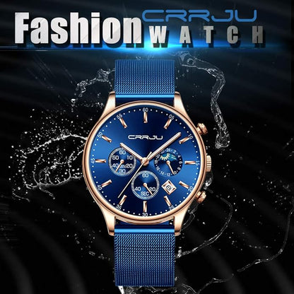 CRRJU Men's Fashion Casual Watches Auto Date Chronograph Watch Men Nice Work Watches Waterproof 30M Full Steel Quartz with Mesh Strap
