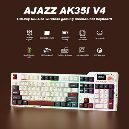 Ajazz AK35I V4 Customizable Wireless Gaming Mechanical Keyboard, Wired/Wireless 2.4G/BT, Gasket Structure, 10000mAh Battery, Full-Color RGB, 1.14-inch Color Screen, Knob, Multi-Function Keys.