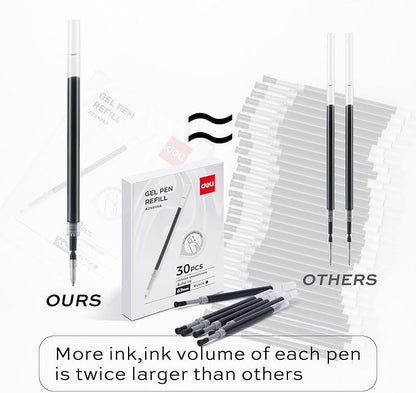 deli Gel Pen Refills, 30 Pcs Retractable Pen Refills Black Ink, Medium Point 0.7mm, Smooth Writing, Fast Dry, No Bleed for Journaling Note Taking, Home School Office Supplies
