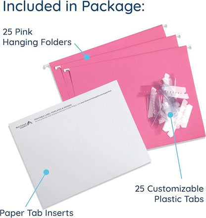 Blue Summit Supplies 25 Pink Hanging File Folders Letter Size, Reinforced Hanging File Folders Pink, Designed for Home and Office Color Coded Organization