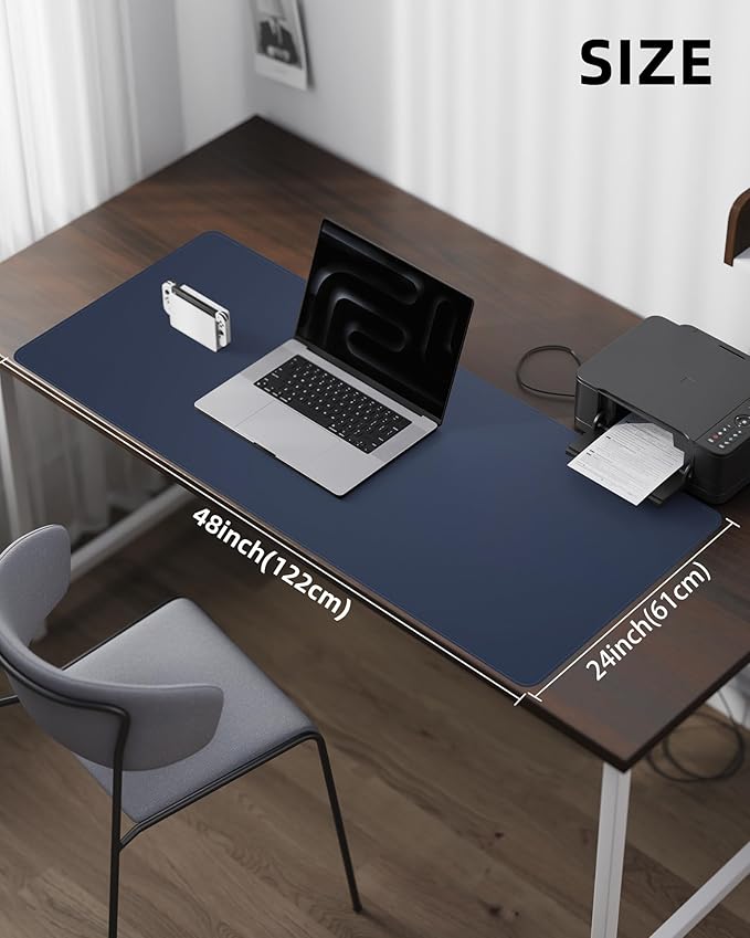 Leather Desk Pad Protector - 48 x 24" Computer Mat, Large Mouse Pad, Non-Slip, Waterproof PU Leather Blotter, Desk Cover for Office and Home (Midnight Blue)
