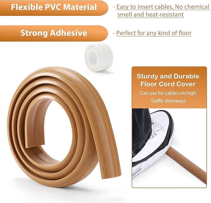 Floor Cord Cover 4ft, Cord Hider Floor Beige Maple Wood, Floor Cable Management Prevent Cable Trips, Floor Cable Cover Wire Covers for Electric Power Cords, Cord Protector Cord Cavity W0.47in xH0.28in
