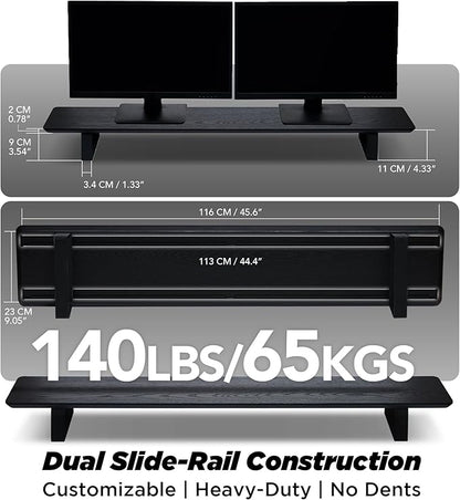 Moodular Wooden Monitor Stand 45.6” (116cm) Large Desk Organizer with Metal Slide Rails for Drawer, Tray, Laptop, Tablet, Phone & Headphones Customizable Riser for Organized Workspace Black