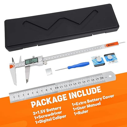 Digital Caliper 12 Inch, HARDELL Caliper Measuring Tool, Stainless Steel Calipers with 2 Backup Batteries&Extra Cover, Easy Switch Inch/MM/Fraction, Micrometer Caliper for 3D Printing, Jewelry Making
