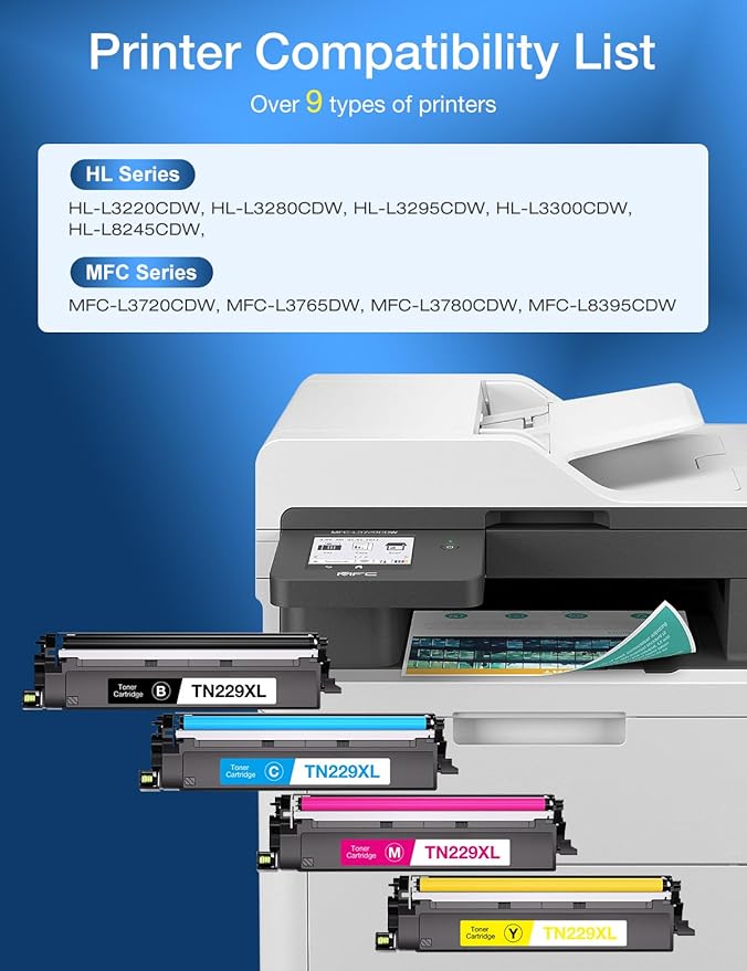 Compatible TN229 TN229XL Toner Cartridge Replacement for Brother TN229XL TN-229 XL to use with MFC-L3720CDW HL-L3220CDW HL-L3280CDW HL-L3300CDW MFC-L3780CDW Printer (4 Pack, BK/C/M/Y)