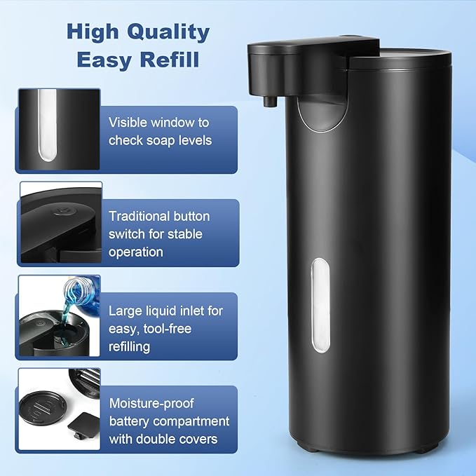 2 Pack Automatic Liquid Soap Dispenser, Touchless 12oz/340ml Stainless Steel Soap Dispenser, Motion Sensor Pump for Bathroom Kitchen Dish Soap, Hands-Free and Waterproof(Black)