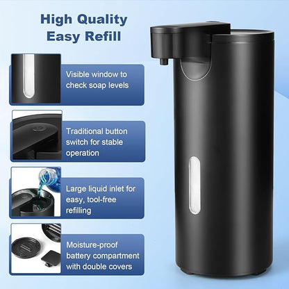 2 Pack Automatic Liquid Soap Dispenser, Touchless 12oz/340ml Stainless Steel Soap Dispenser, Motion Sensor Pump for Bathroom Kitchen Dish Soap, Hands-Free and Waterproof(Black)