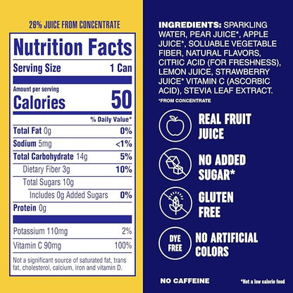 PLEZi FiZZ Strawberry Lemonade Sparkling Juice - Healthy Soda Alternative with Real Fruit Juice, No Added Sugar - Low Sugar Sparkling Drink - Good Source of Fiber, 12 Fl Oz (12 Pack)