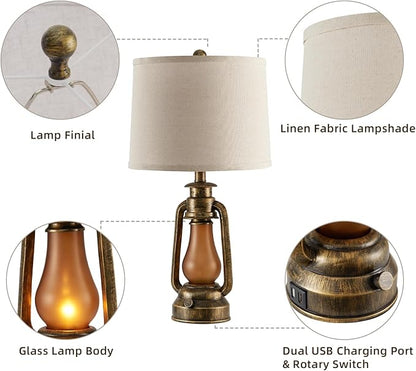 RORIANO 25" Set of 2 Rustic Lantern Table Lamps for Living Room Bedroom, 2 USB Ports Farmhouse Vintage Bedside Desk Lamp Nightlight for Entryway Office End Table, 4 Bulbs Included
