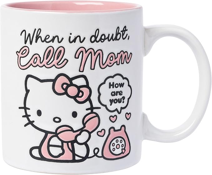 Silver Buffalo Sanrio Hello Kitty “When in Doubt, Call Mom” Wax Resist Ceramic Mug, 20 Ounces
