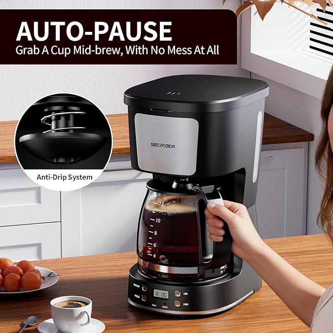 12-Cup Drip Coffee Maker with Reusable Filter,Programmable Clock,Auto Brew,Water Window,Keep Hot Plate,Glass Carafe,Compact Design for Kitchen,Office,Silver and Black