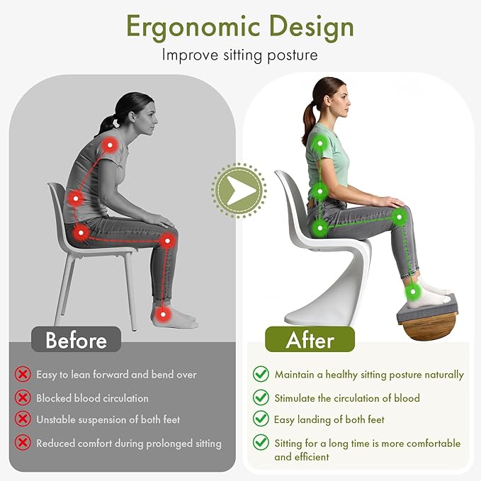 Wooden Under Desk Foot Rest,Foot Stool with Detachable Cushion,Ergonomic Rocking Footrest for Work & Home,Leg Relief & Foot Support,Improves Posture and Blood Circulation