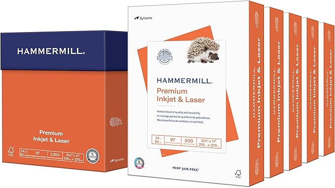 Hammermill Printer Paper, Premium Inkjet & Laser Paper 24 Lb, 8.5 x 11 - 5 Ream (2,500 Sheets) - 97 Bright, Made in the USA, 166140C