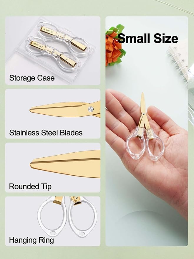 3.8” Folding Travel Scissors Set (2 Pcs), Safety Small Mini Foldable Scissors All Purpos, Clear Acrylic Comfort-Grip Handles, Gold Titanium Coated Blades for Craft, Sewing, Office Desk, Nurse