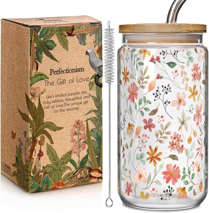 Floral Iced Glass Cups with Bamboo Lids and Straws 16oz Wildflower Coffee Cup Gift for Women Cute Flower Drinking Glass with Cleaning Brushes, Flower Gifts for Mother 's Day Birthday Bridesmaid Party