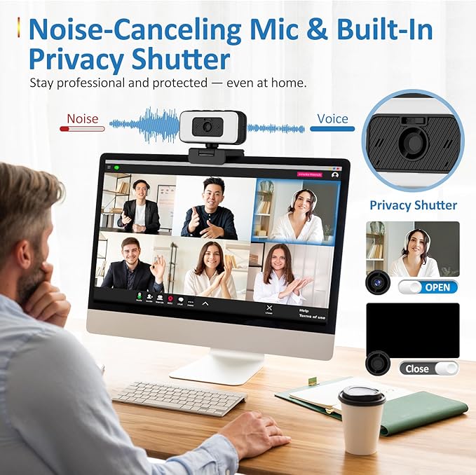 2K Webcam for PC/Laptop/Mac with Light, USB Computer Camera with Microphone for Desktop Monitor 【Focus in Shared or Home Space】 Auto Anti-Disturb Backlight, Zoom, Flip, Plug & Play