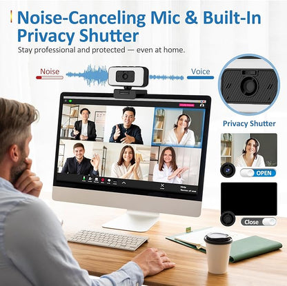 2K Webcam for PC/Laptop/Mac with Light, USB Computer Camera with Microphone for Desktop Monitor 【Focus in Shared or Home Space】 Auto Anti-Disturb Backlight, Zoom, Flip, Plug & Play