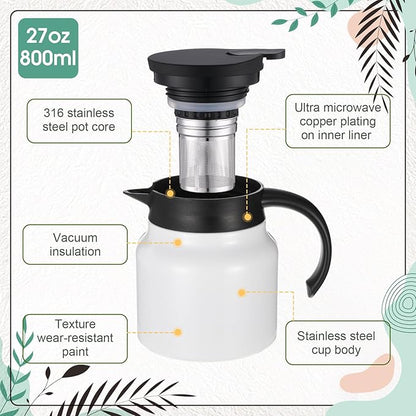 2 Pcs Thermal Coffee Carafe for Keeping Hot/Cold Stainless Steel Small Coffee Creamer Container Double Wall Vacuum Insulated Tea pot Beverage Dispenser for Milk Hot Chocolates (White,27 oz)