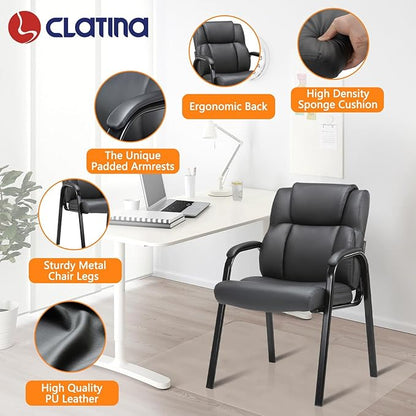 CLATINA Black Guest Chair with Arms, Office Reception Chairs for Conference and Waiting Room, Ergonomic Leather Visitor Desk Chair No Wheels Side Office Home Chairs, 4PK