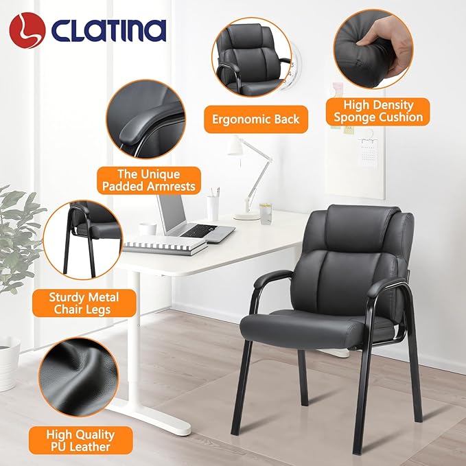 CLATINA Black Guest Chair with Arms, Office Reception Chairs for Conference and Waiting Room, Ergonomic Leather Visitor Desk Chair No Wheels Side Office Home Chairs, 2PK