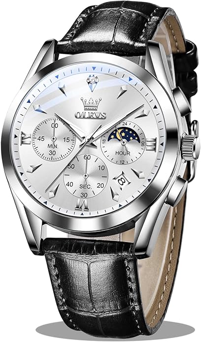 OLEVS Men's Leather Analog Quartz Watch - Luxury Chronograph Wristwatch With Date, Waterproof, Luminous - Dress Style