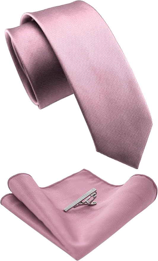 JEMYGINS 2.4" Solid Color Skinny Tie and Pocket Square with Tie Clip Sets for Men (6cm)
