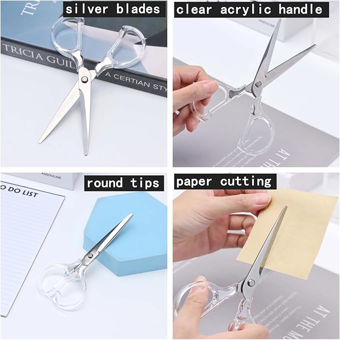 6 Inch Office Scissors Clear Acrylic Handles Silver Craft Scissor Semi-Circular Grip Fabric Shears Stainless Steel Sharp Blades Round Tips for Paper Thread (Silver)