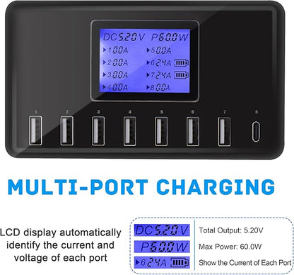 60W 12A 8-Port USB Charging Station - Multi Port USB Hub Charger - Compact Size LCD Display - Compatible with iPhone iPad Samsung Kindle Tablet Bluetooth Earbuds and More