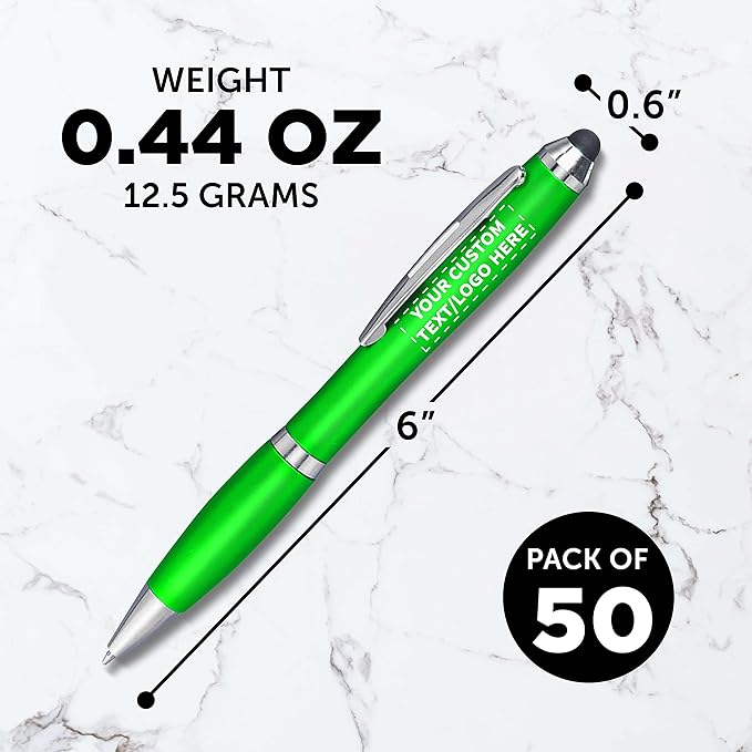 DISCOUNT PROMOS Custom Plastic Stylus Pens Set of 50, Personalized Bulk Pack - Black Ink, Great for Office, School, Business, Tradeshows, Events - Green