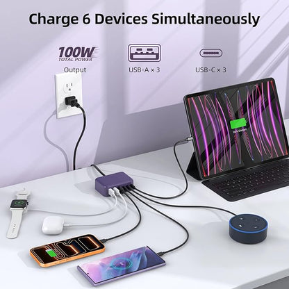 100W GaN USB-C Charger Block – 6-Port Fast Charging Station for iPhone, iPad & Laptop