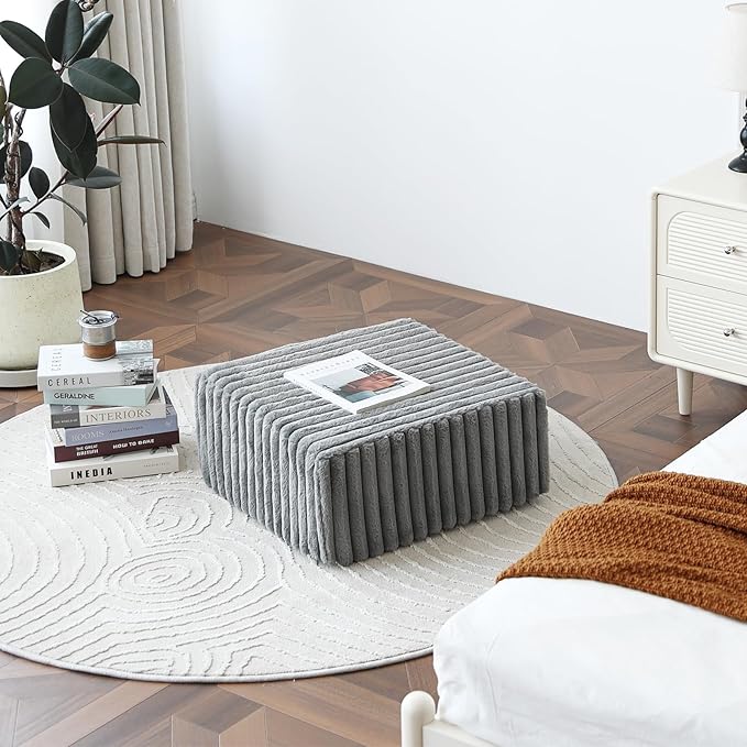 Tiita Suqre Stuffed Pouf Ottoman, Stripe Poufs 21×21×10 inch with Foam Chunk Filling, Floor Bean Bag Floor Chair Storage for Living Room Bedroom Home Decor, Grey