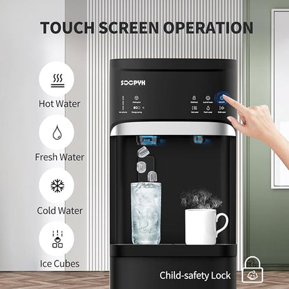 Self-Cleaning Hot and Cold Water Cooler Dispenser with Ice Maker Bottom Loading for 3 or 5 Gallon Bottle 22lbs Daily Capacity LED Display with Empty Bottle Alert Black