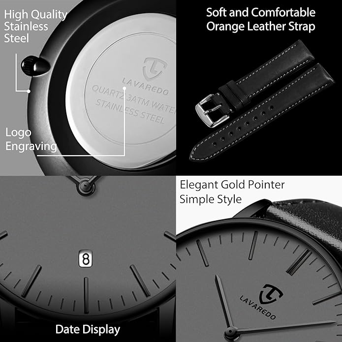 L LAVAREDO Watch for Men, Extremely Thin Mens Watches Minimalist Analog Men's Leather Wrist Watches with Time/Date, Birthday Gift for Men Boyfriend