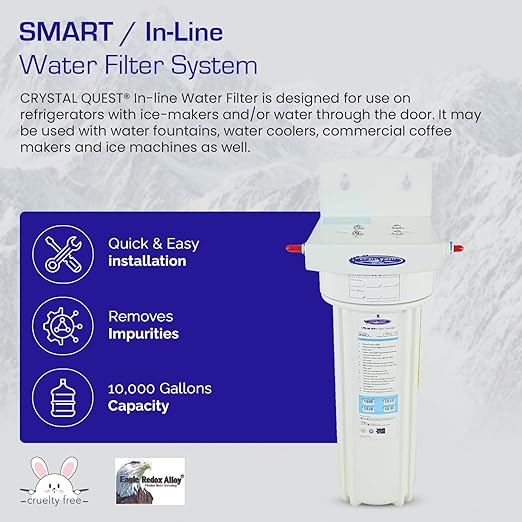Crystal Quest SMART PLUS In-Line Water Filter System - Filters Up To 10,000 Gallons - Inline Water Filtration for Refrigerator, Ice Maker, Water Cooler, Coffee Maker - Easy Install, 6-Stage Filtration