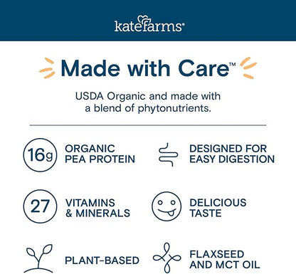 KATE FARMS Organic 1.0 Sole-Source Nutrition Shake, Vanilla, 16g Protein, 27 Vitamins and Minerals, Meal Replacement, Protein Shake, 11 oz (12 Pack)